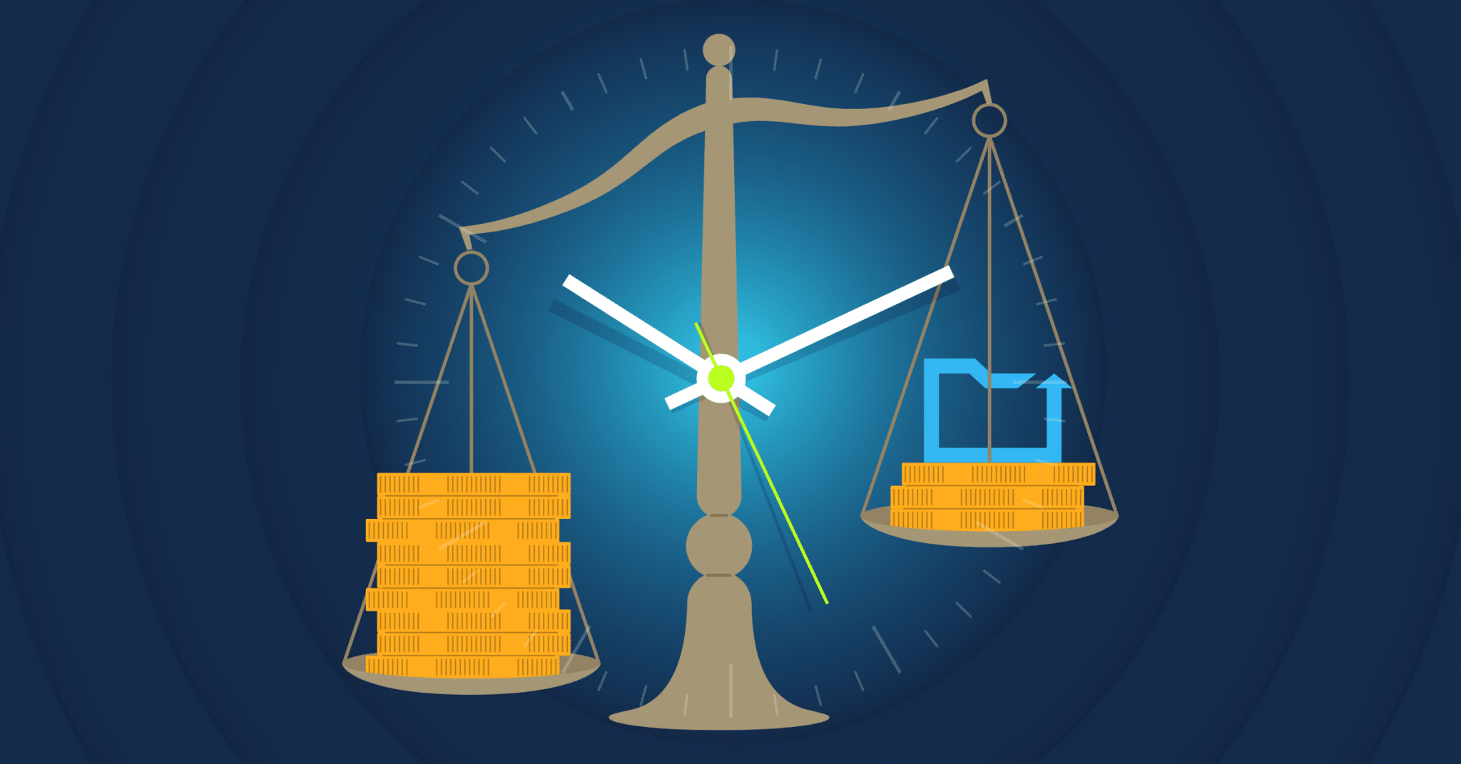 a scale weighing out coins and a folder icon